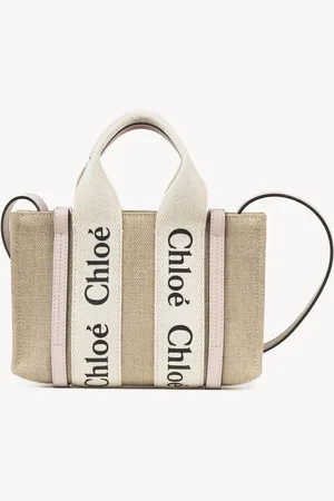 Chloé Mini Woody tote bag in linen Size OneSize 100% Linen, Calf-skin leather