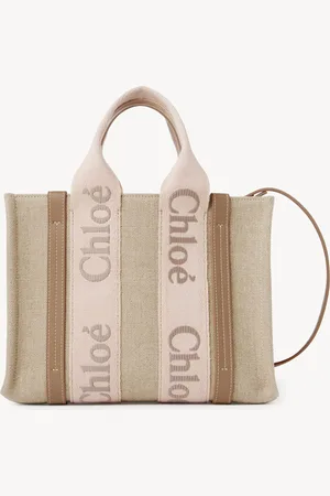 Chloé Small Woody tote bag in linen Size OneSize 100% Linen, Calf-skin leather