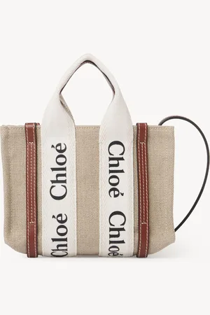 Chloé Mini Woody tote bag in linen Size OneSize 100% Linen, Calf-skin leather