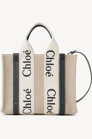 Chloé Small Woody tote bag in linen Size OneSize 100% Linen, Calf-skin leather, Polyester
