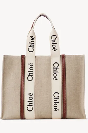 Chloé Large Woody tote bag in linen Size OneSize 100% Linen, Calf-skin leather, Polyester