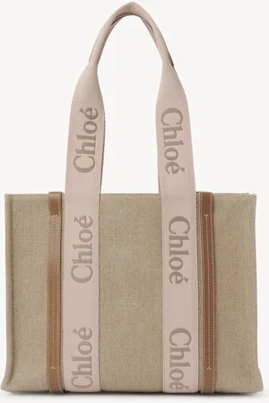 Chloé Woody tote bag in linen Size OneSize 100% Linen, Calf-skin leather