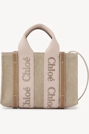 Chloé Mini Woody tote bag in linen Size OneSize 100% Linen, Calf-skin leather, Polyester