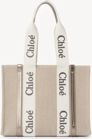Chloé Woody tote bag in linen & leather Size OneSize 100% Linen, Calf-skin leather