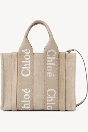 Chloé Small Woody tote bag in linen Size OneSize 100% Linen, Calf-skin leather