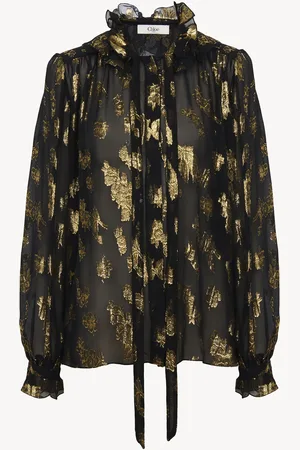 Chloé Gathered blouse in silk jacquard & lurex Size 8 80% Silk, 20% Polyamide, Pinctada Maxima, Farmed, COO Australia