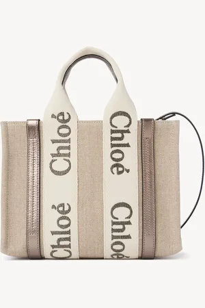 Chloé Small Woody tote bag in linen & leather Size OneSize 100% Linen, Calf-skin leather