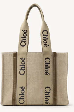 Chloé Woody tote bag in linen Size OneSize 100% Linen, Calf-skin leather