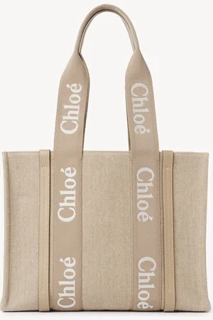 Chloé Woody tote bag in linen & leather Size OneSize 100% Linen, Calf-skin leather