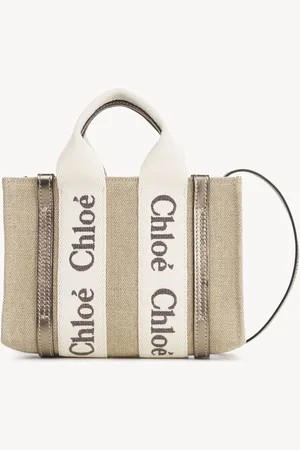 Chloé Mini Woody tote bag in linen & leather Size OneSize 100% Linen, Calf-skin leather