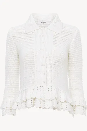 Chloé Fitted ruffled cardigan in crochet knit Size M 100% Cotton, Pinctada Maxima, Farmed, COO Italy
