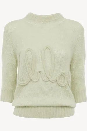Chloé Elbow-sleeve logo jumper in alpaca wool & silk knit Size L 62% Wool Vicugna Pacos, Farmed, COO Peru, 38% Silk
