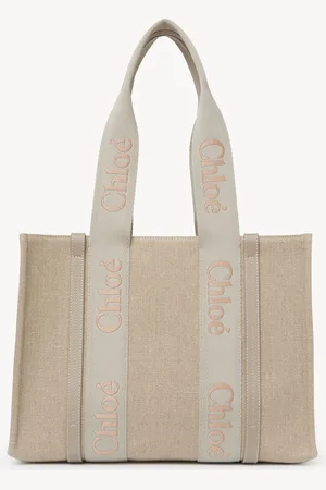 Chloé Woody tote bag in linen Size OneSize 100% Linen, Calf-skin leather