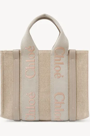 Chloé Small Woody tote bag in linen Size OneSize 100% Linen, Calf-skin leather