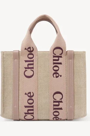 Chloé Small Woody tote bag in linen Size OneSize 100% Linen, Calf-skin leather
