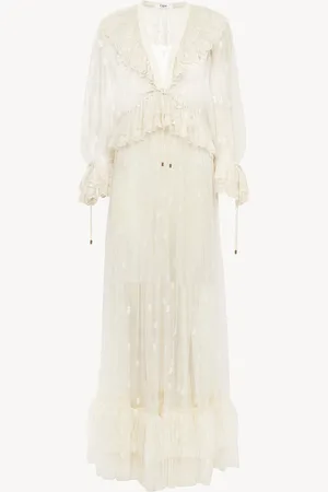 Chloé Gathered V-neck long dress in embroidered lace Size 10 100% Polyester, Pinctada Maxima, Farmed, COO Australia