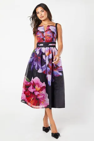 Coast Floral Placement Print Ribbon Trim Midi Dress