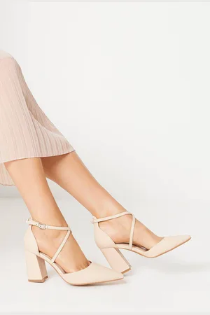 Coast Treat Faux Leather Cross Strap Pointed Block Heel Court Shoes