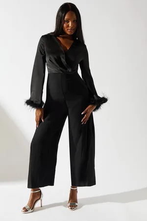 Coast Satin Long Sleeve Jumpsuit With Feather Cuff
