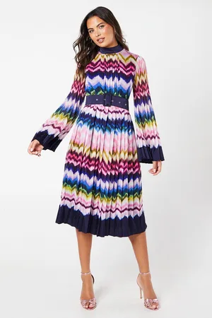 Coast Stripe Print Pleated Long Sleeve Midi Dress
