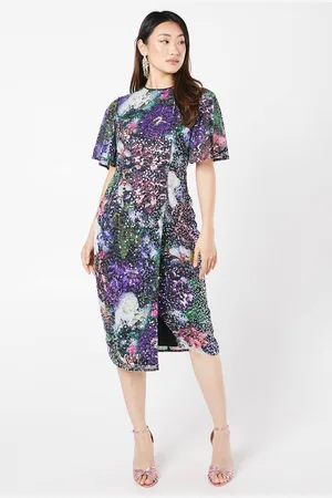 Coast Printed Clear Sequin Flutter Sleeve Dress