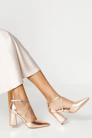 Coast Treat Faux Leather Cross Strap Pointed Block Heel Court Shoes
