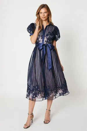 Coast Placement Stripe Organza Puff Sleeve Shirt Dress