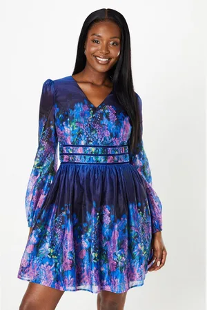 Coast Placement Print Organza Mini Dress With Velvet Trim