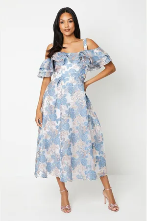 Coast Frill Bardot Midi Dress In Floral Jacquard