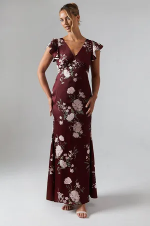 Coast Printed V Neck Angel Sleeve Satin Bridesmaid Dress