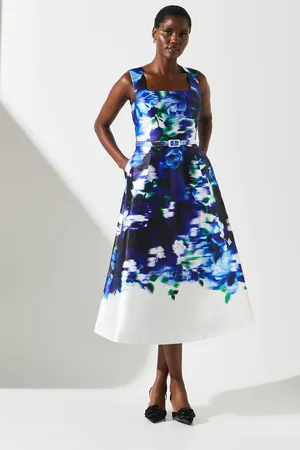 Coast Floral White Tipped Twill Belted Dress