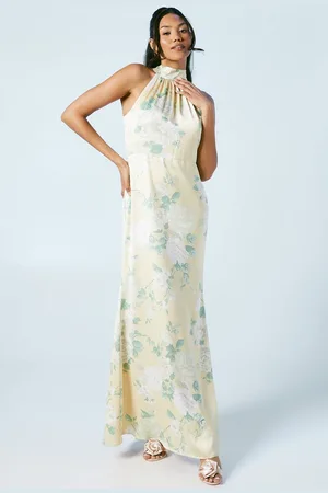 Coast Dahlia Printed Satin Halterneck Bridesmaid Dress - Lemon