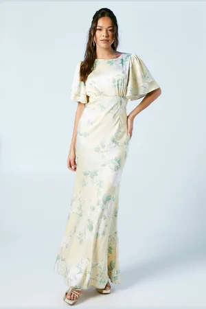 Coast Dahlia Printed Angel Sleeve Satin Bridesmaid Dress - Lemon