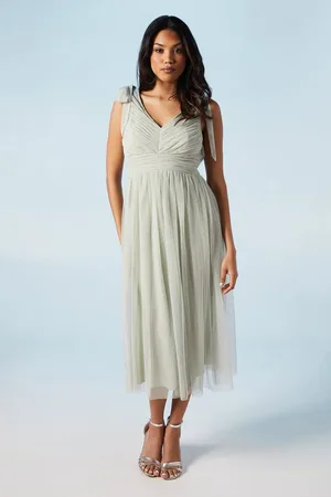 Coast V Neck Bow Shoulder Pleated Mesh Bridesmaids Midi Dress