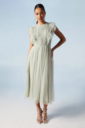Coast Ruffle Shoulder Mesh Bridesmaid Midi Dress
