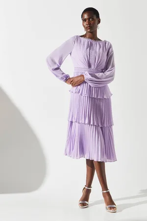 Coast Pleated Lace Trim Tiered Midi Dress