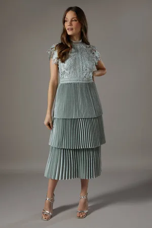 Coast Satin Lace Pleated Tiered Dress