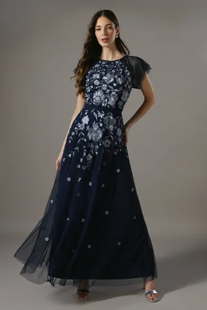 Coast Floral Embroidered And Beaded Flutter Sleeve Maxi Dress