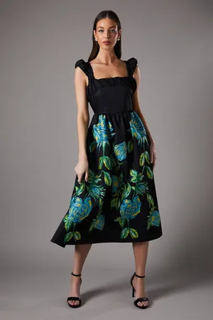 Coast Embroidered Floral Hem Dress With Puff Sleeve