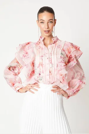 Coast Printed Pintuck Ruffle Blouse With Volume Sleeve