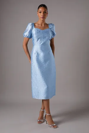 Coast Textured Fitted Midi Dress With Puff Sleeve
