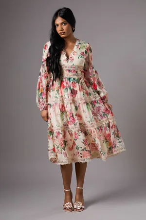 Coast Petite Organza Long Sleeve Printed Lace Trim Dress