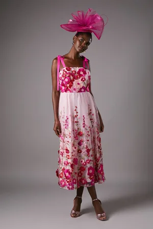 Coast Embroidered Floral Mesh Midi Wedding Guest Dress