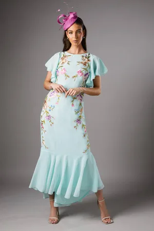 Coast Embroidered Flutter Sleeve Midi Dress - Mint