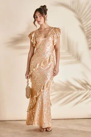 Coast Metallic Jacquard Frill Midi Dress - Apricot