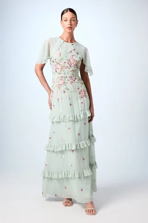 Coast Embroidered Trailing Floral Cape Detail Tiered Bridesmaids Dress