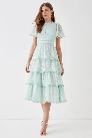 Coast Tiered Lace Dress With Flutter Sleeve & Trims