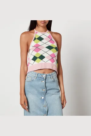 Ganni Intarsia-Knit Cotton Halterneck Top - XXS