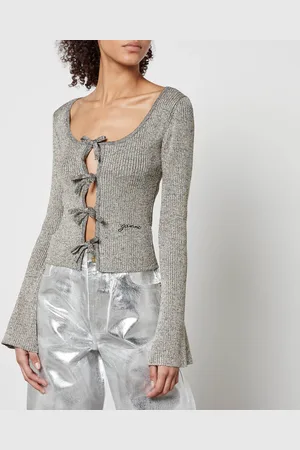 Ganni Metallic Ribbed-Knit Cardigan - M