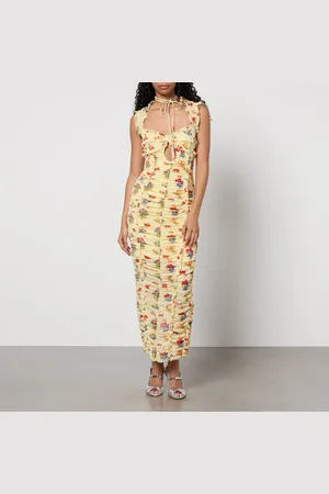 De La Vali Ruched Floral-Print Chiffon Midi Dress - UK 12